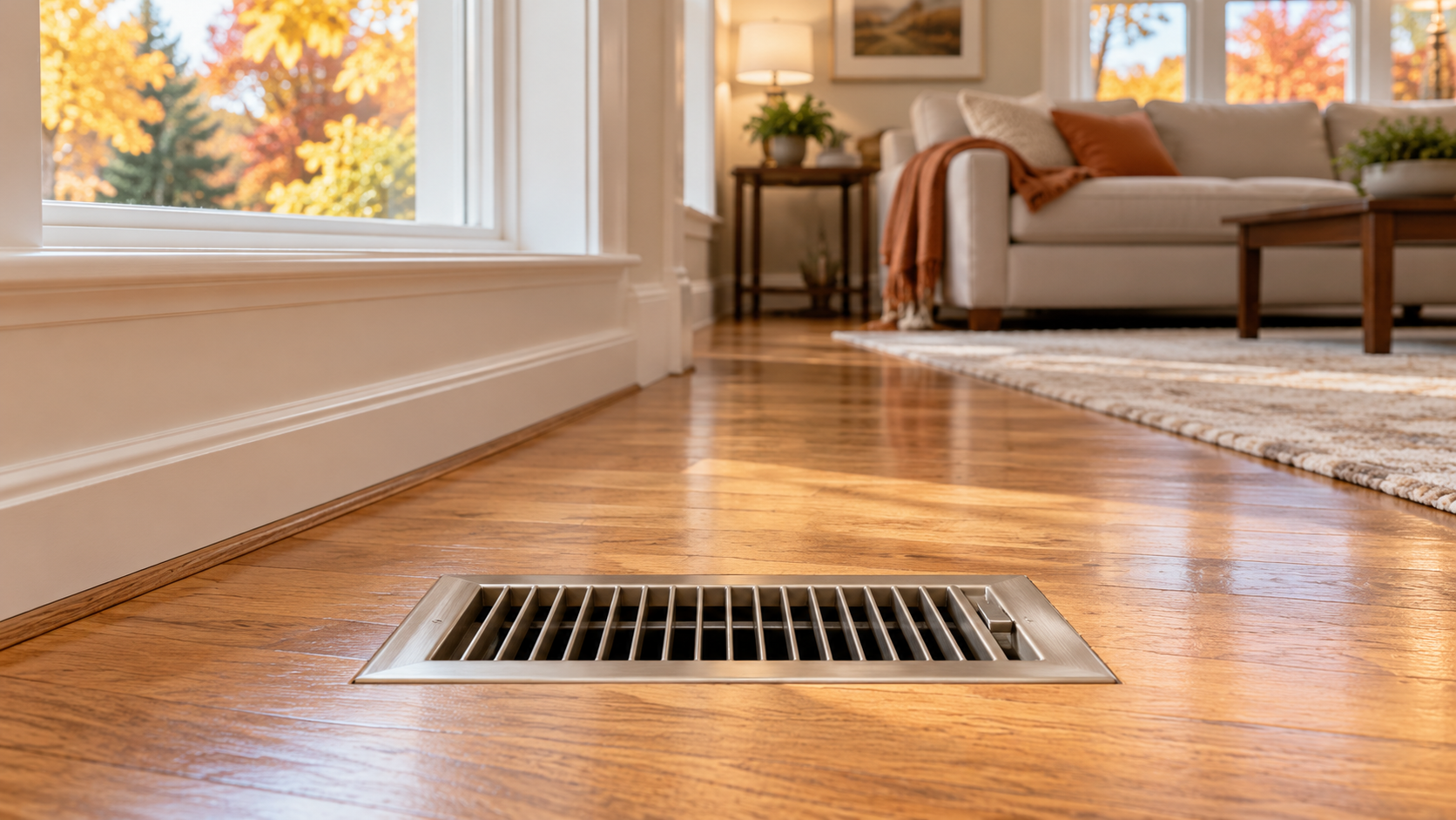 Open floor heating vent on a hardwood floor, clear of furniture and rugs, with autumn trees visible outside.